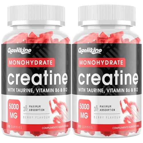 Gominolas de Creatina Monohidratada, Máxima Potencia con L-Taurina, B12 y B6, Potenciador Preentrenamiento Fácil, Más Práctico que el Polvo, Sabor a Bayas, Vegano, 60 Unidad (Paquete de 2)