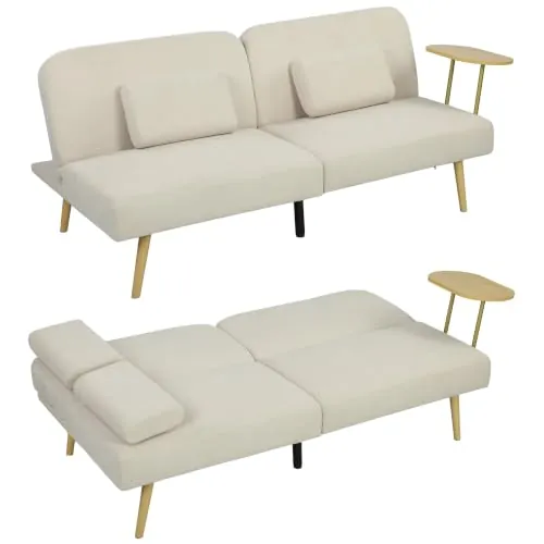 HOMCOM Sofá Cama de 3 Plazas con Mesa Auxiliar 3 en 1 196x86x81 cm Beige