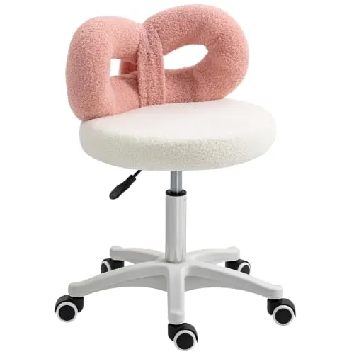 HOMCOM Taburete Giratorio con Respaldo con Ruedas 63-77 cm Blanco y Rosa | Taburete con Ruedas, Altura Regulable, Tapizado en Tejido de Borreguito, para Oficina Tocador Salones Talleres Spa Masaje