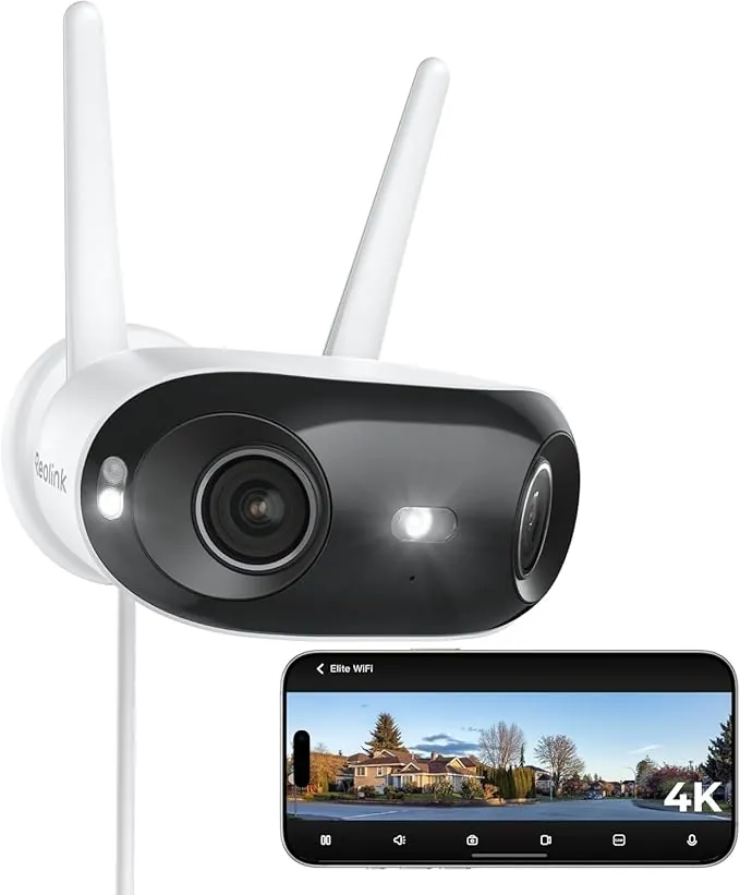 Reolink Elite WiFi, 4K Camara Vigilancia WiFi Exterior con Doble Lente, Vista Panorámica de 180°, Detección Inteligente, Trayectoria, Foco de Visión Nocturna, Grabación 24/7, Alimentación Enchufable