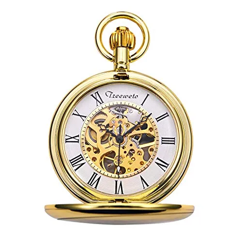 Treeweto - Reloj de bolsillo de plata y oro con caja de regalo, dorado, Mecánica