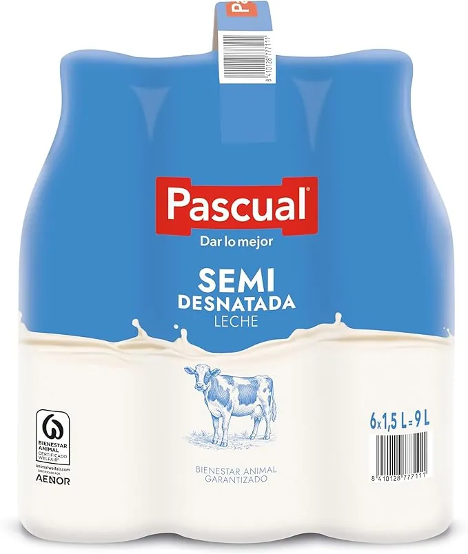 Leche Pascual - Leche Semidesnatada - Bienestar Animal - Pack 6 x 1,5L - Ideal para niños y adultos, Producto Natural y Saludable