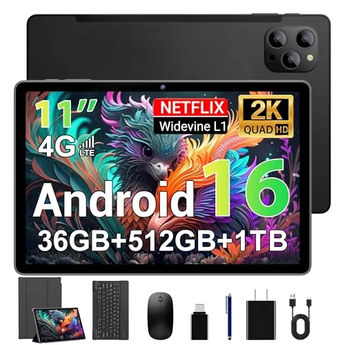 FASTWD Tablet 11 Pulgadas Android 16 Tableta Gaming con 4G Doble SIM y 5G WiFi,Octa-Core,36 GB RAM+512 GB ROM (1TB TF), 2K incell120Hz,8000mAh,13MP+8MP,Tablets con Teclado,Negro