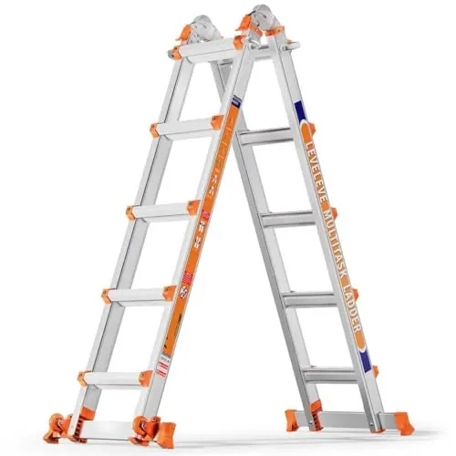Escalera de 5 peldaños, una Escalera Deslizante de 5.2 m de Largo con estabilizador y Ruedas, 150 kg de Carga de Seguridad, Escalera multiposición para escaleras, hogar, Interior, Exterior