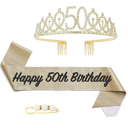 POPOYU Banda y tiara de reina de 50 cumpleaños, corona y banda dorada para ella, decoración de cumpleaños 50 para mujer, accesorios de fiesta, juego de disfraz de corona de cumpleaños para mujer