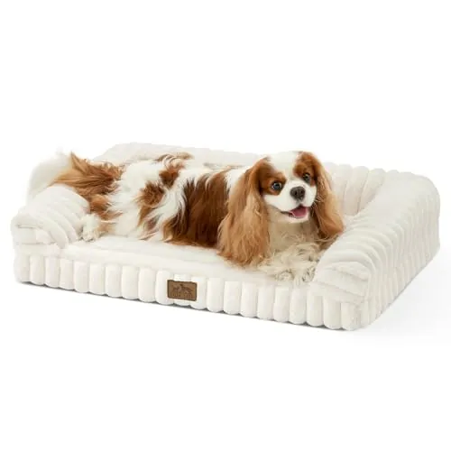 COZY KISS Cama Ortopédica para Perros Medianos, Lavable, 76x51x15cm, Crema | Sofá impermeable para perros con espuma de huevera, suave piel sintética y funda de pana, Ergonómica, desmontable y lavable