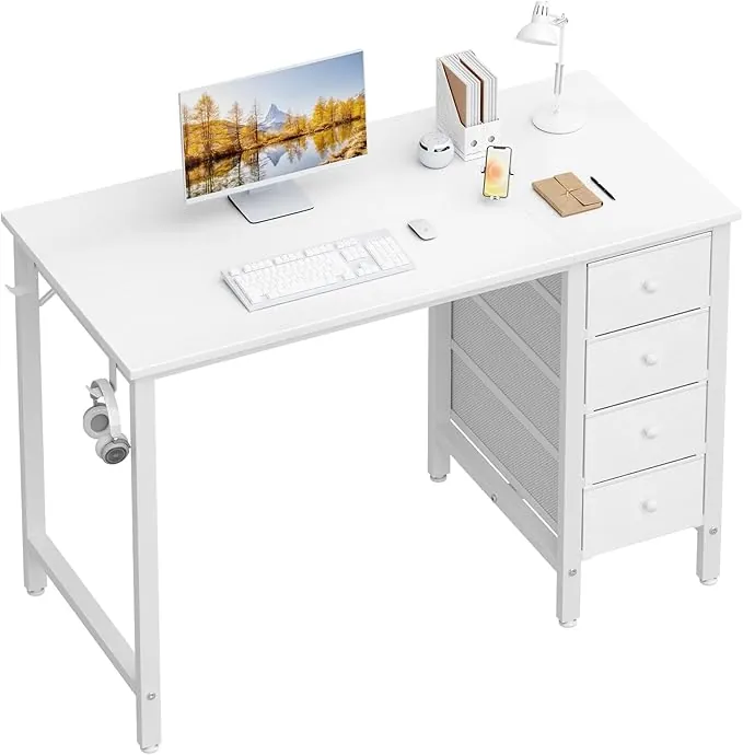 Lufeiya Escritorio blanco pequeño con cajones para dormitorio, escritorios de estudio para niños y niñas, mesa reversible para escribir uñas con cajón de tela para espacios pequeños, manicura en casa
