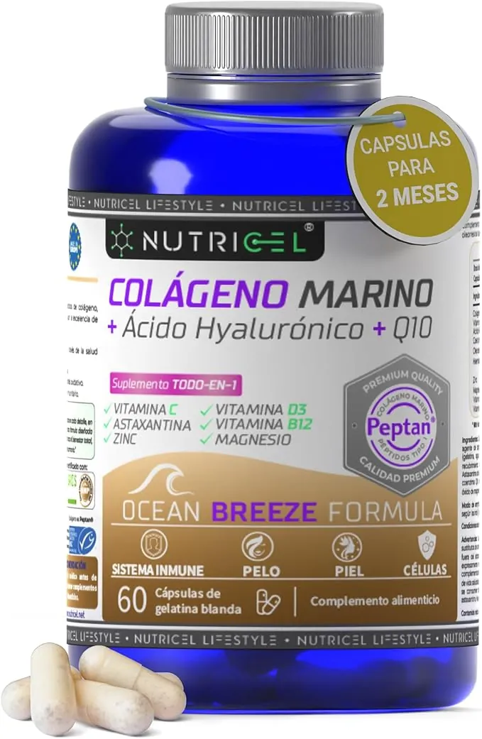 Colágeno Marino Hidrolizado Peptan® + Ácido hialuronico + Magnesio + Astaxantina + CoQ10 + Zinc + Vitaminas C, D3 y B12 - Articulaciones Fuertes, Piel Tersa y Energía - Probado en laboratorio