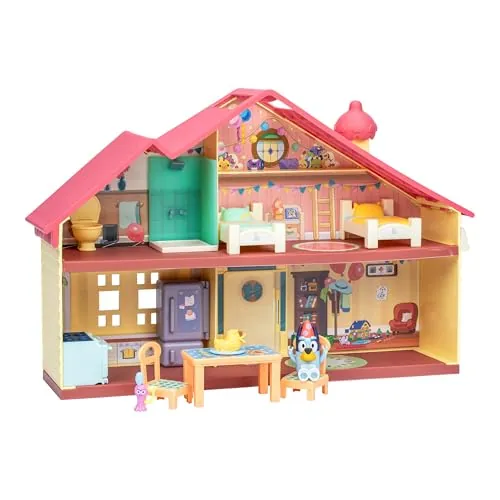 Bluey Casa de Celebraciones Ayuda Celebrar su cumpleaños. con 11 Accesorios y Muebles Quita y pon, más 1 Figura Exclusiva 6,3 cm
