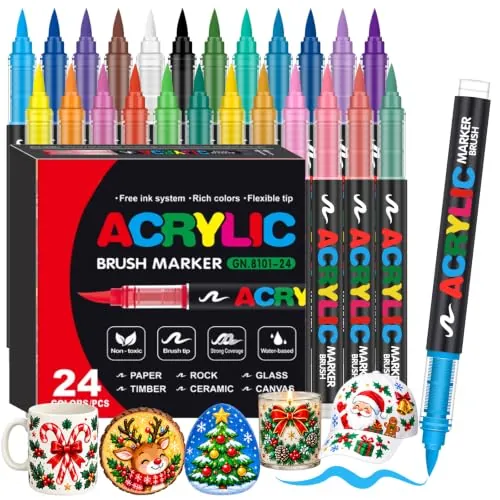 Melifluo 24 Rotuladores Acrílicos Punta Pincel - Marcadores Permanentes para Piedras, Tela, Vidrio, Madera, Cerámica, Lienzo y Papel - Pintura Acrílica de Secado Rápido para Lettering y Manualidades