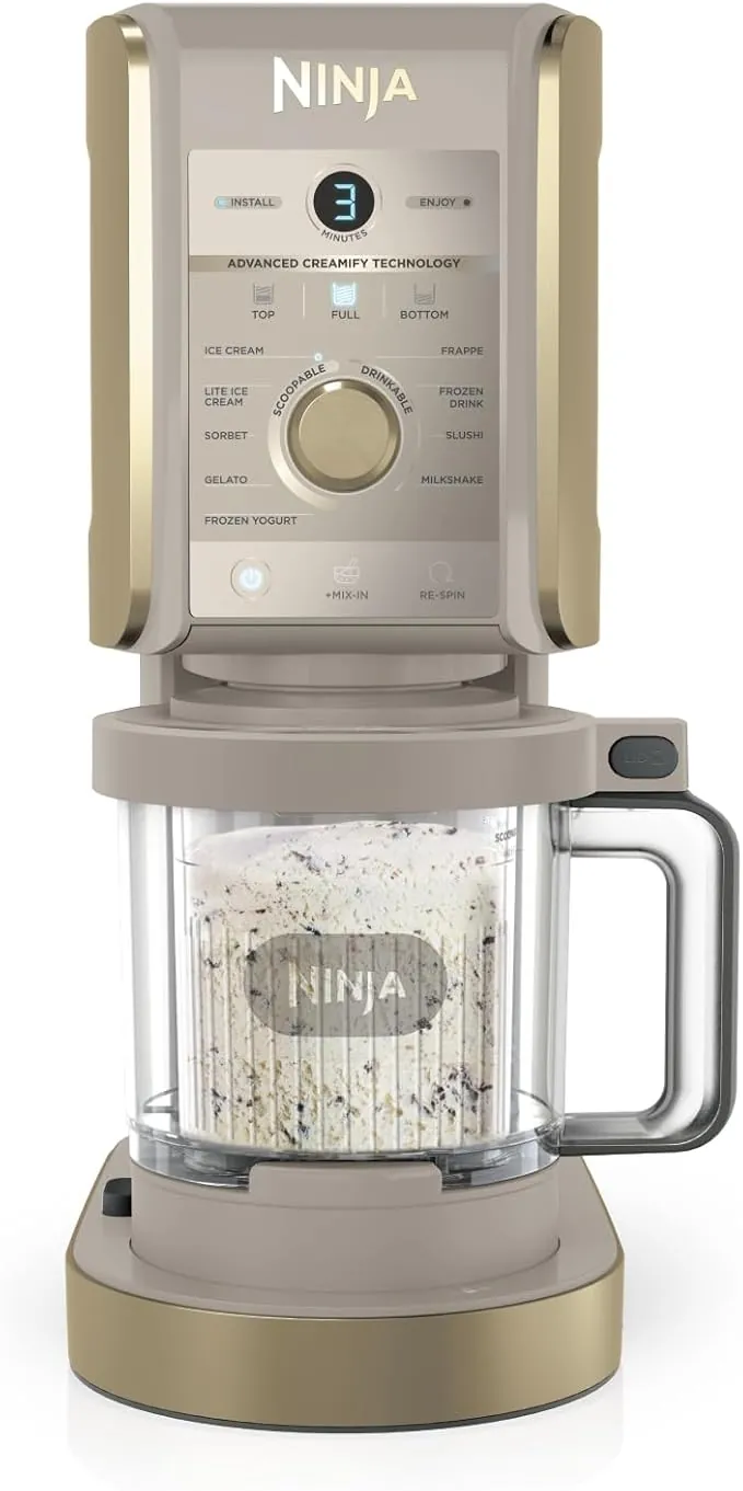 Ninja CREAMi Deluxe Heladera multifunción con 2 tarrinas, 10 programas, prepara Helado, Gelato, Sorbete, Yogur congelado, Batido, Granizado y más, opción de 2 sabores en 1, piedra dorada, NC502EUSTGD
