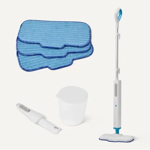 Amazon Basics Mopa a Vapor para Limpieza de Suelos Duros con Depósito de 450ml, Cable de 6m, 3 Almohadillas Lavables, Blanco