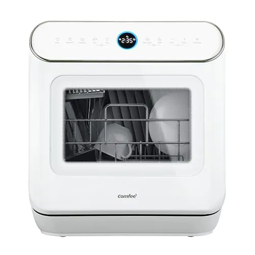 COMFEE' CDWMT305WD Mini Lavavajillas de Sobremesa Compacto con 3 Cubierto, 7 Programas, Control Táctil, Pantalla LED, 72℃ Lavado higiénico, 24h Inicio Diferido y Apertura Automática de Puertas, Blanco