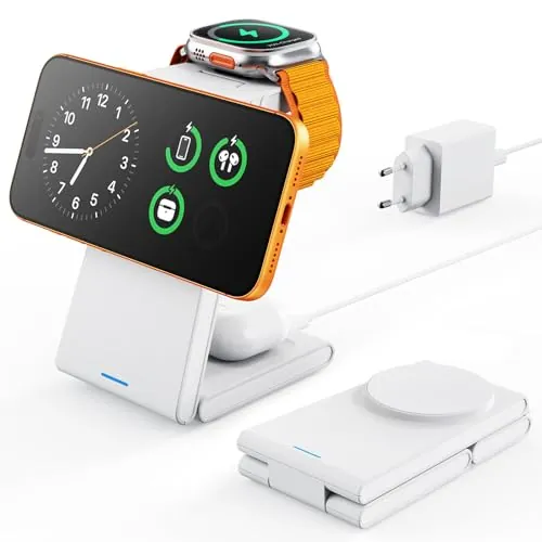 GEEKERA Estación de Carga 3-en-1 para Apple: Base Cargador para iPhone Air/17/16/15/14/13/12 y Apple Watch 11-2, Cargador Compatible con MagSafe para AirPods, Blanco Mate
