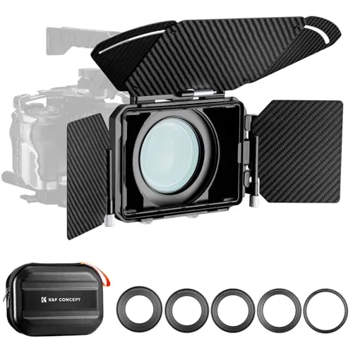 K&F CONCEPT Mini Matte Box con 2 Bandejas de Filtro de 4" x 5,65" y Banderas de Fibra de Carbono，para Cámaras DSLR Mirrorless con 5 Adaptadores de Anillo Circular (67/72/77/82/95mm)