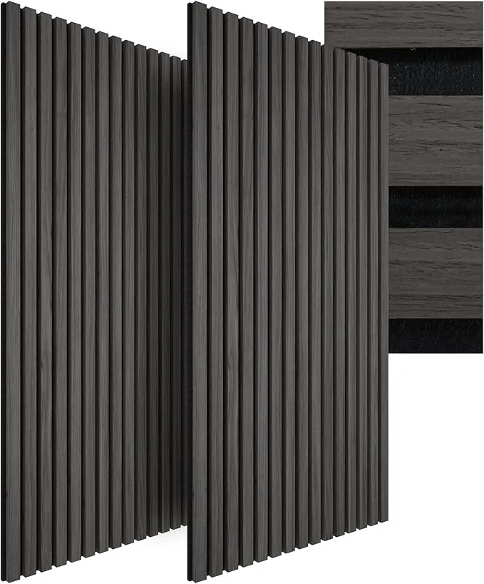 tectake® Paneles Acusticos Decorativos MDF, Chapa de Madera Real, Excelente Acústica, Tejido de Fieltro y Madera, Insonorización Acústica Pared - 60 x 120 x 2,1 cm 2 Paneles Roble Negro
