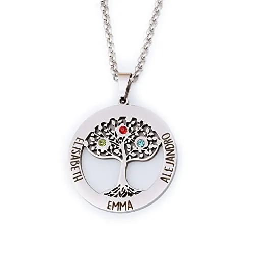 Wanapix | Colgante Personalizado para Mujer | Collar Árbol de la Vida | Con Grabado hasta 3 Nombres | Acero Inoxidable | Regalo Original | Día de la Madre