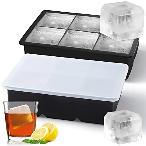 Sinnsally Cubitera de silicona XXL, molde para cubitos de hielo y bandejas de cubitos de hielo con tapa, molde para bolas de hielo (2 unidades, 6 moldes con tapa)