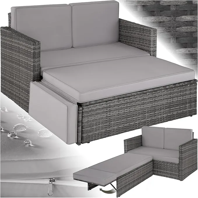 tectake® Sofá de Ratán con Taburete Reposapiés, Conjunto Jardín Sillón 2 Plazas, Mueble Jardín Exterior con Cojines Gruesos, Conjunto Terraza Resistente a la Intemperie y Estructura en Acero - Gris