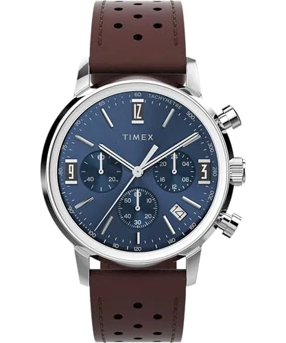 Timex Marlin Chronograph - Reloj de 40 mm para hombre, correa de liberación rápida de cuero marrón, esfera azul, caja de acero inoxidable TW2W10200