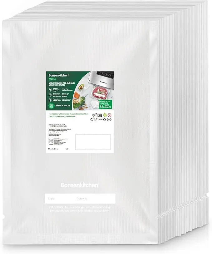 Bonsenkitchen Bolsas de Vacío Reutilizables 28x40 cm, 100 Unidades - Sin BPA, Cierre a Presión, Polietileno (PE) o Polipropileno (PP), Apta para Cocinar al Vacío