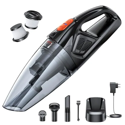 Rolgno Aspirador de Mano con Dock de Carga Rápida, 9000PA, 2 Filtros HEPA | Aspirador Coche Potente Sin Cable con Luz LED, Mini Aspiradora Mano para Uso Seco y Húmedo en Casa/Coche/Oficina/Mascotas