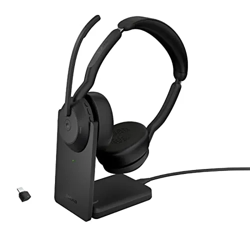 Jabra Evolve2 55 Auriculares Estéreo Inalámbricos con Base de Carga, Tecnología Jabra Air Comfort, Micrófonos con Cancelación de Ruido y ANC, Certificado para MS Teams, Negro