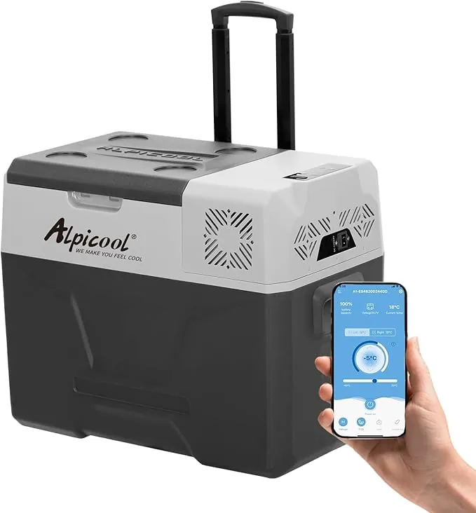Alpicool CX40 40 litros Nevera portátil 12 V, para Coche, Camping, camión, Barco y Enchufe con conexión USB, Barra telescópica, Rueda
