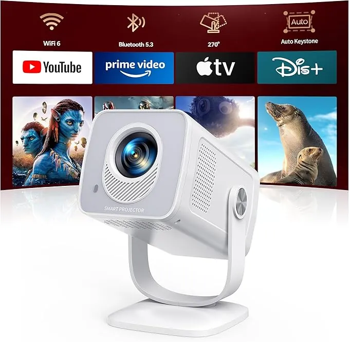 Proyector【App Integrada & Auto Keystone】Android 13, Proyector Portátil 4K/1080P Soporte Tiro Corto WiFi 6 Bluetooth 5.4 con Rotación de 270°, TOPTRO MiniProyector Cine en Casa/Exterior para Móvil/USB