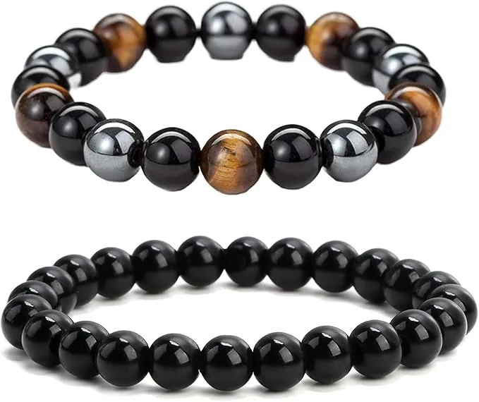 2 Piezas Pulsera de Obsidiana Negra Natural y Turmalina, 8 mm, Hilo Elástico Con Cuentas de Bolas Para Mujer y Hombre, Piedras Naturales Unisex (Set D)