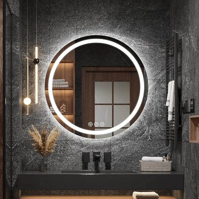 Ratsamee Espejo Baño con Luz Redondo 60cm, Espejos de Baño con LED con Antivaho, Regulable, 3 Colores Luz, Función Memoria