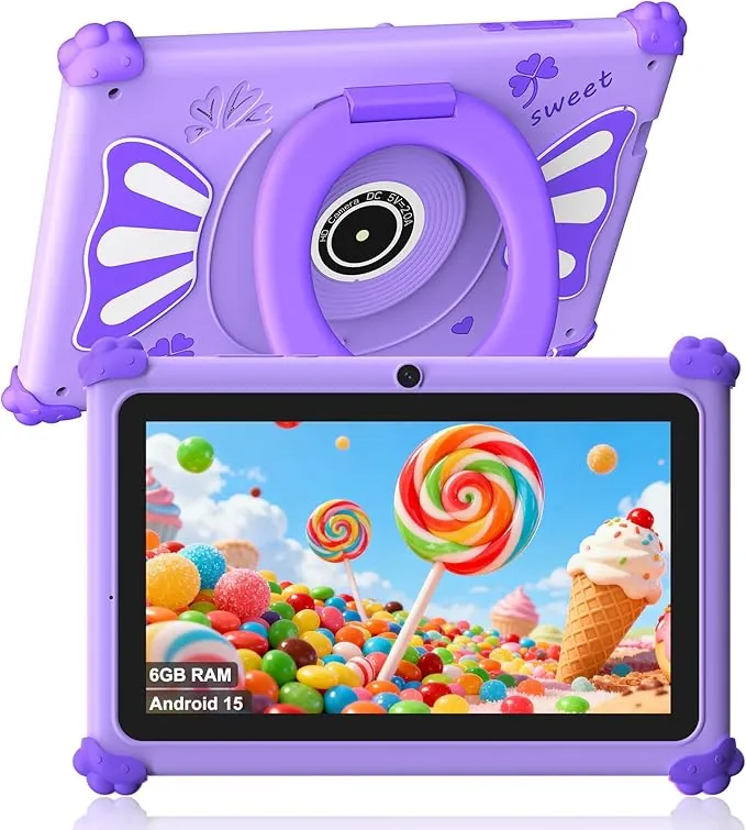 ascrecem Tablet Niños 7 Pulgadas Android 15 Tablet para Niños con 2.4G+5G WiFi6 Penta Core 6GB RAM 32GB ROM Tableta Infantil Doble Cámara 128GB Expandible Control Parental Juegos Educativos (Morado)