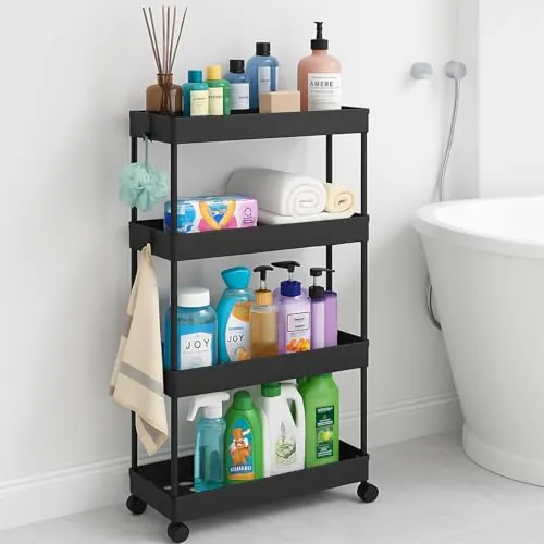 powerking 4-Tier Slim Rolling Utility Storage Cart, Carro de Trolley, Organizador de Estantes Móviles para Cocina, Lavandería, Sala de Estar, Baño, Oficina, Lugares Estrechos (Negro, 4-Tiers)