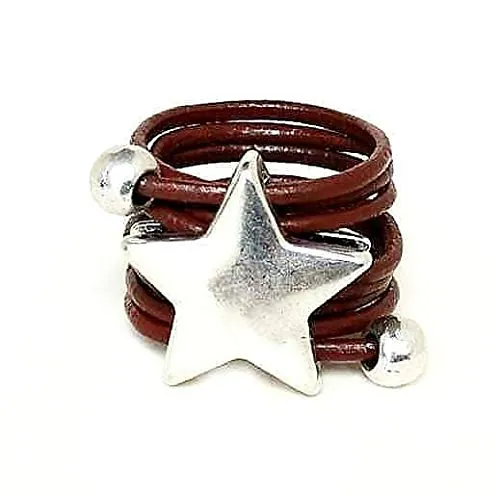 Anillo Ajustable de Cuero Marrón con Estrella de Zamak, Moderno, Regalos para Ella, Regalo Mujer