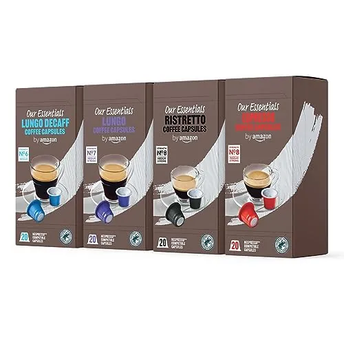 by Amazon Paquete Variado Estándar de Cápsulas de Café Espresso de Plástico Compatibles con Nespresso, Tostado Medio, 80 Unidades (4 Paquetes de 20), Certificadas por Rainforest Alliance