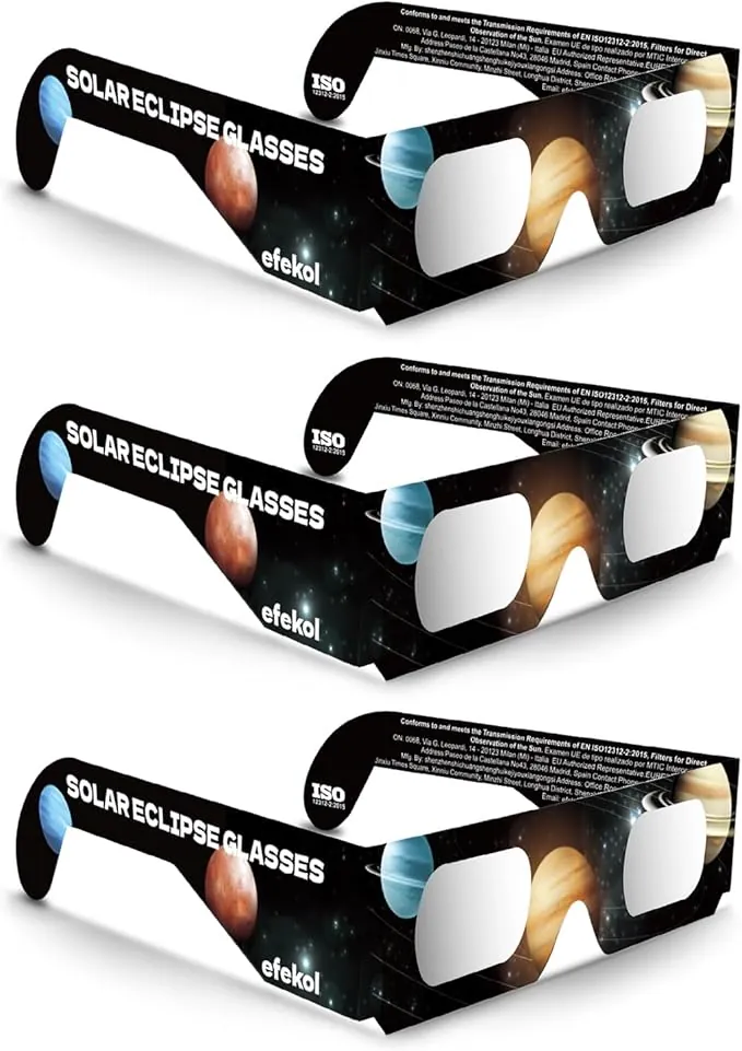 efekol Gafas Eclipse Solar Homologadas (3 Pack) - Certificación CE y EN ISO 12312-2 para Observación Segura del Sol - Eclipse Total 12 de Agosto de 2026 (Total en España, Parcial en Europa)