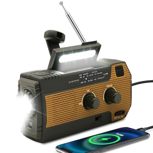 SOLARBABY -La Radio Solar de Emergencia con manivela Dispone de una Linterna LED, Alarma SOS, Radio meteorológica Am/FM y batería de 4000 mAh para la alimentación de Emergencia de teléfonos(Naranja)