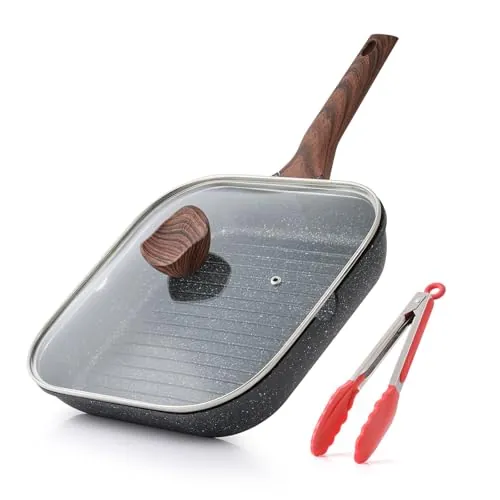 Kordisen Sartén antiadherente con tapa para estufas, sartén cuadrada de 28 cm para cocinar en interiores, sartén con revestimiento de granito con boquillas de vertido, plancha versátil