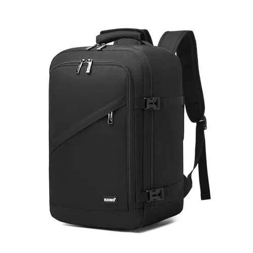KONO Mochila Viaje Cabina Avión 40x20x25, una Mochila Viaje de Cabina Que Sirve como Equipaje de Mano, con Apertura de 180°, Correa para Equipaje y Espalda Transpirable (Negro)