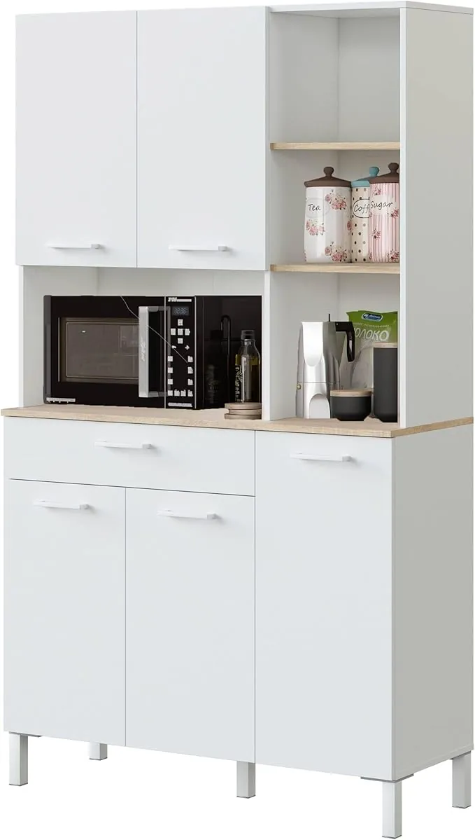 Habitdesign Mueble Auxiliar Cocina 5 Puertas + 1 Cajón, Modelo Kira, Acabado Blanco Artik y Roble Canadian, Medidas: 186 cm (Alto) x 108 cm (Ancho) x 40 cm (Fondo)