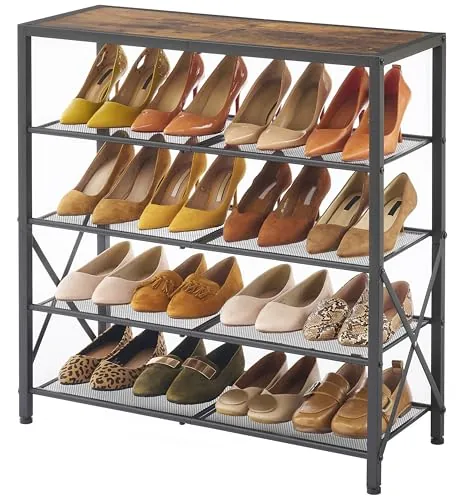 Tajsoon Zapatero Industrial de 5 Niveles para 16 – 20 Pares de Zapatos con Marco en Forma de X, Color marrón y Negro