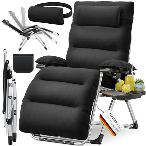 KESSER® Tumbona Plegable XXL, Resistente a la Intemperie, Capacidad de Carga 200kg, Tapizado Ergonómico, Respaldo Ajustable, Cojín Cervical, Portavasos y Cojín para Brazos, Basic - Negro