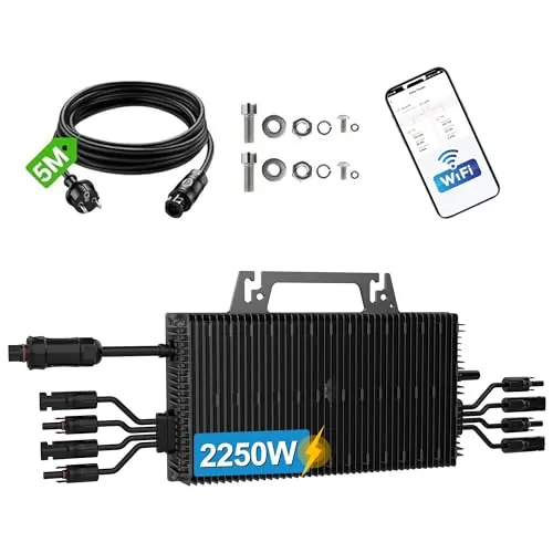 Microinversor 2250W, 4 MPPT, Inversor Solar Conexión a Red, vertido Cero, Control WiFi y App, Impermeable IP67, Cable CA 5m (16,4 ft), Kit Solar Plug-and-Play para Balcón
