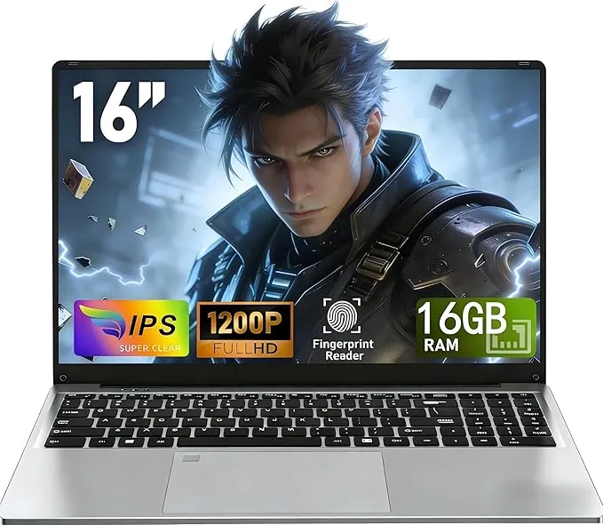 16 GB RAM 1 TB SSD 2026 Ordenador portátil Gaming 16 Pulgadas pc portátil N100 hasta 3,6 GHz, Lector Huellas dactilares/6000 mAh/1920 x 1200 P/Teclado Completo retroiluminado/Panel táctil