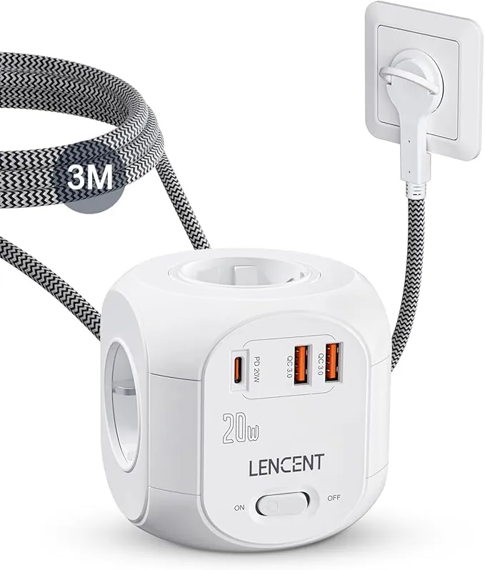 LENCENT Cubo Regleta Enchufe 3M con Carga Rápida PD20W, Regleta USB Enchufe Plano con 4 Tomas de CA, 2 USB y 1 Tipo C para Hogar, Cocina y Oficina