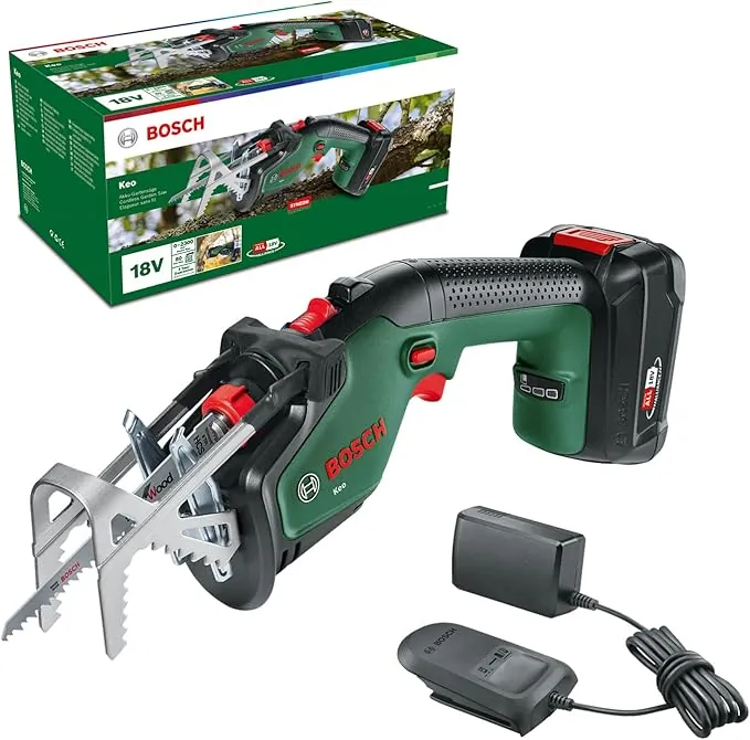 Bosch Home and Garden sierra de jardín de batería Keo (1 batería de 2,0 Ah, sistema de 18 V, diámetro de corte 80 mm, con cuchilla Swiss Precision Wood, en caja)