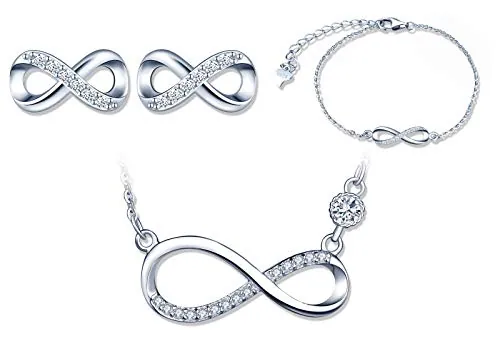 Juego de joyas de plata de ley 925, símbolo de infinito, collar, pulsera y pendientes, símbolo de infinito, circonitas, joyas para mujeres, niñas, Navidad, cumpleaños, regalo de plata, plata de ley,
