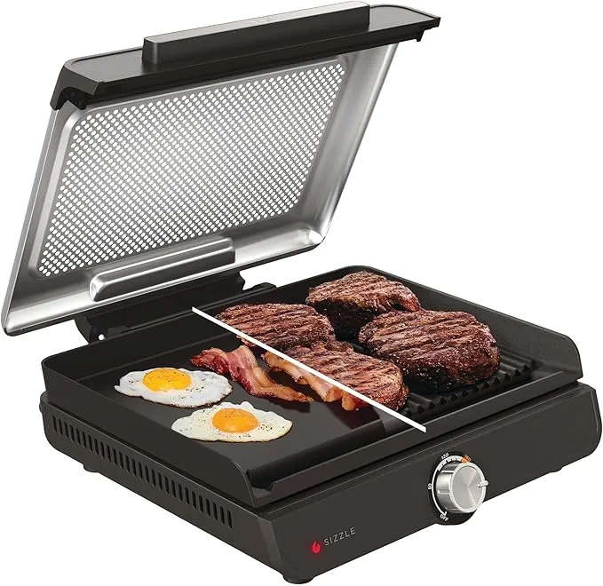 Ninja Sizzle Parrilla y plancha de interior eléctrica, dos placas intercambiables antiadherentes aptas para lavavajillla, bandeja para grasa, control de temperatura y guía de recetas, en gris, GR101EU