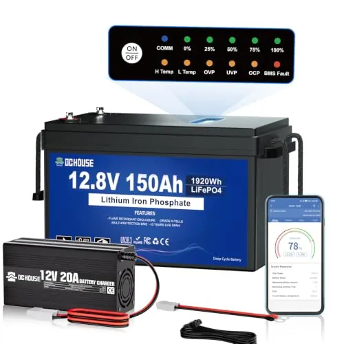 DCHOUSE 12V 150Ah Batería de Litio LiFePO4 Bluetooth con luz SOC y Cargador de 20A, 10 años de Vida útil con hasta 15000 ciclos, BMS de 120A,Ideal para Motores de Arrastre,Aplicaciones náuticas,Solar