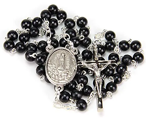 Rosario Madera Negra, Convertible en Colgante Hombre o Collar Mujer. Rosarios Religiosos con Medalla de la Virgen de Fatima y Bolsa para Regalo. Rosario Fatima Madera Negro VF